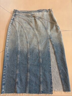 Zara Two-Tone Blue Denim Midi Skirt with Side Slit